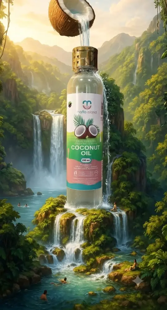 A halved coconut pouring into a bottle of mafia island coconut oil above a waterfall