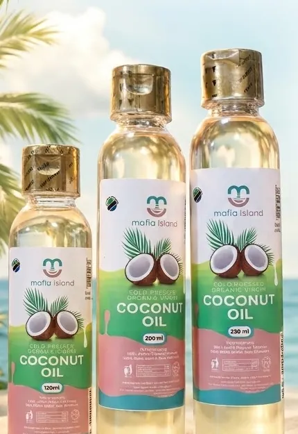 Three bottles of mafia island coconut oil in 120 ml, 200 ml and 250 ml sizes