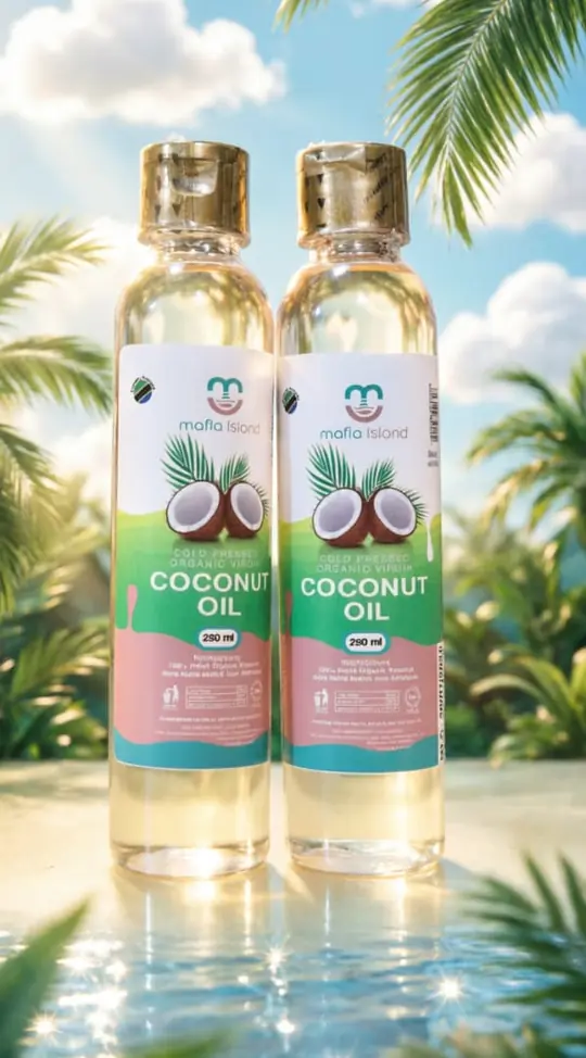 Two 250 ml bottles of mafia island cold-pressed organic virgin coconut oil beside water and palm leaves